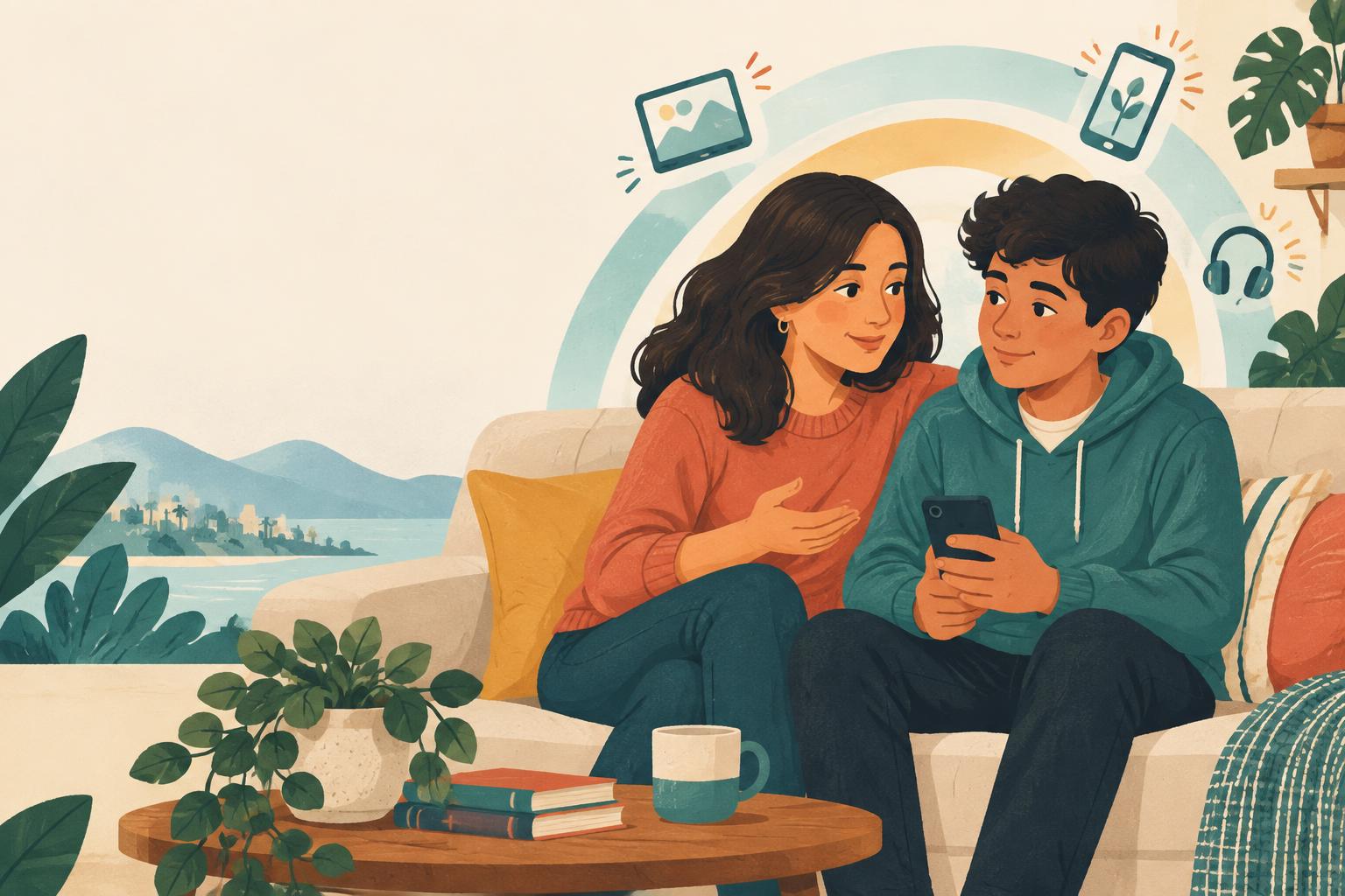 Madre e hijo conversan juntos sobre el uso del teléfono